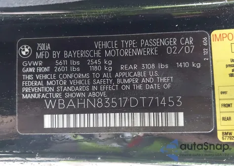 2007 BMW 750Li z USA, uszkodzony, nr VIN WBAHN83517DT71453